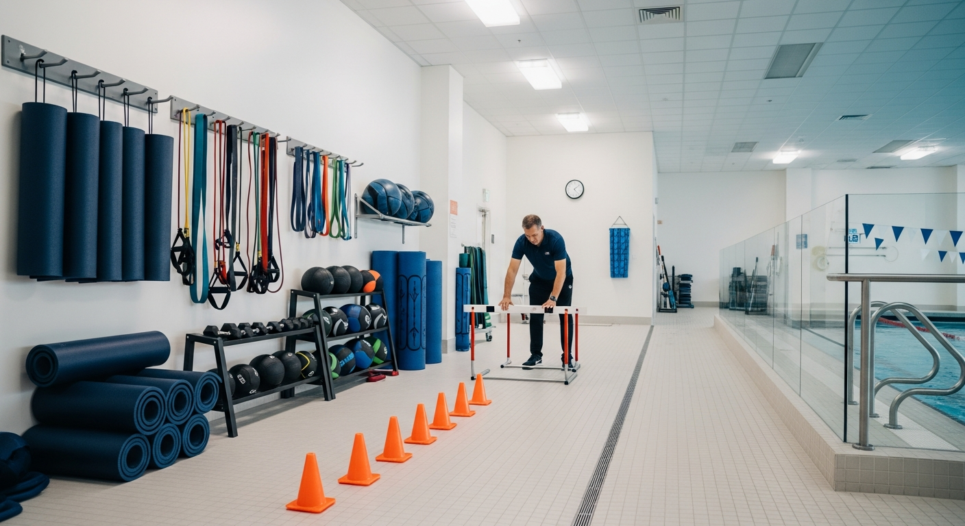 Dryland training station beside an indoor pool